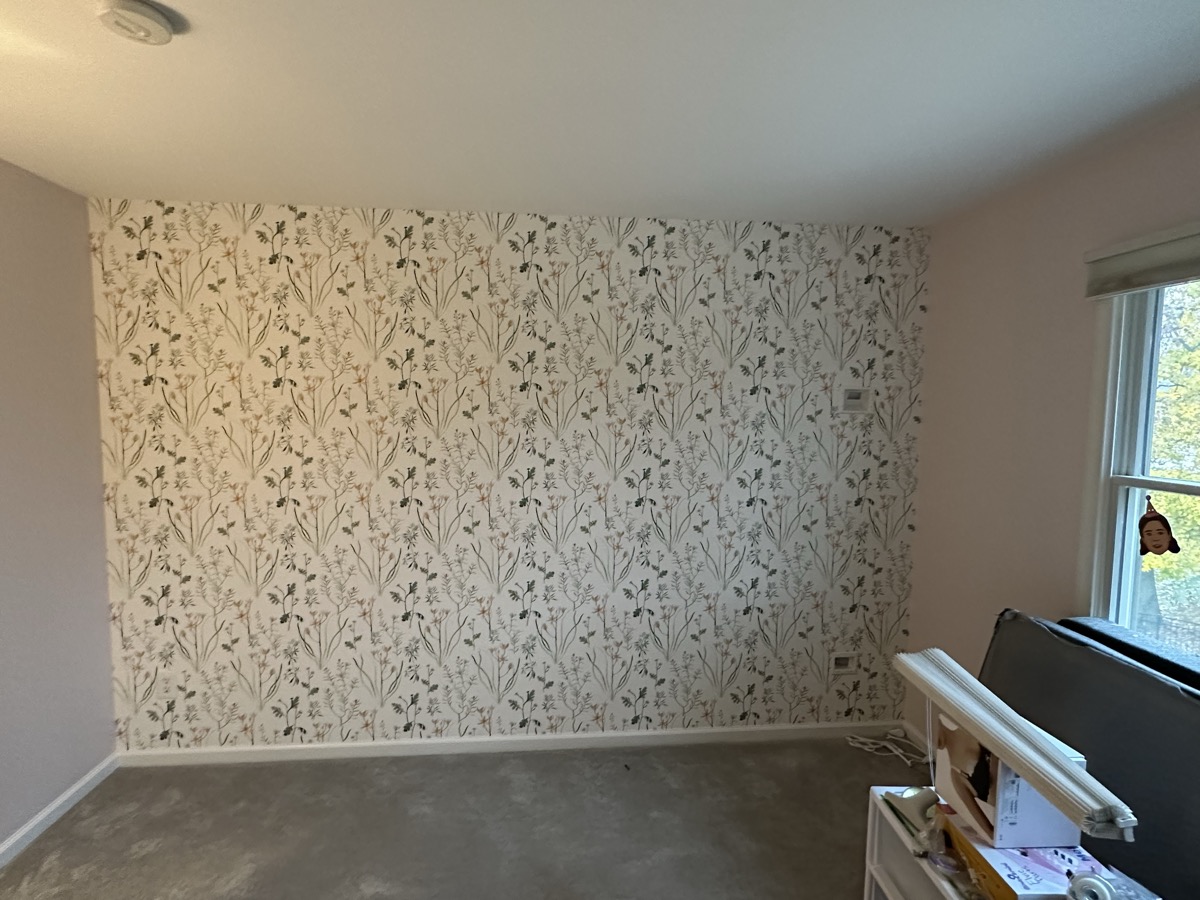 Botanical print accent wall wallpaper installation in Central New Jersey