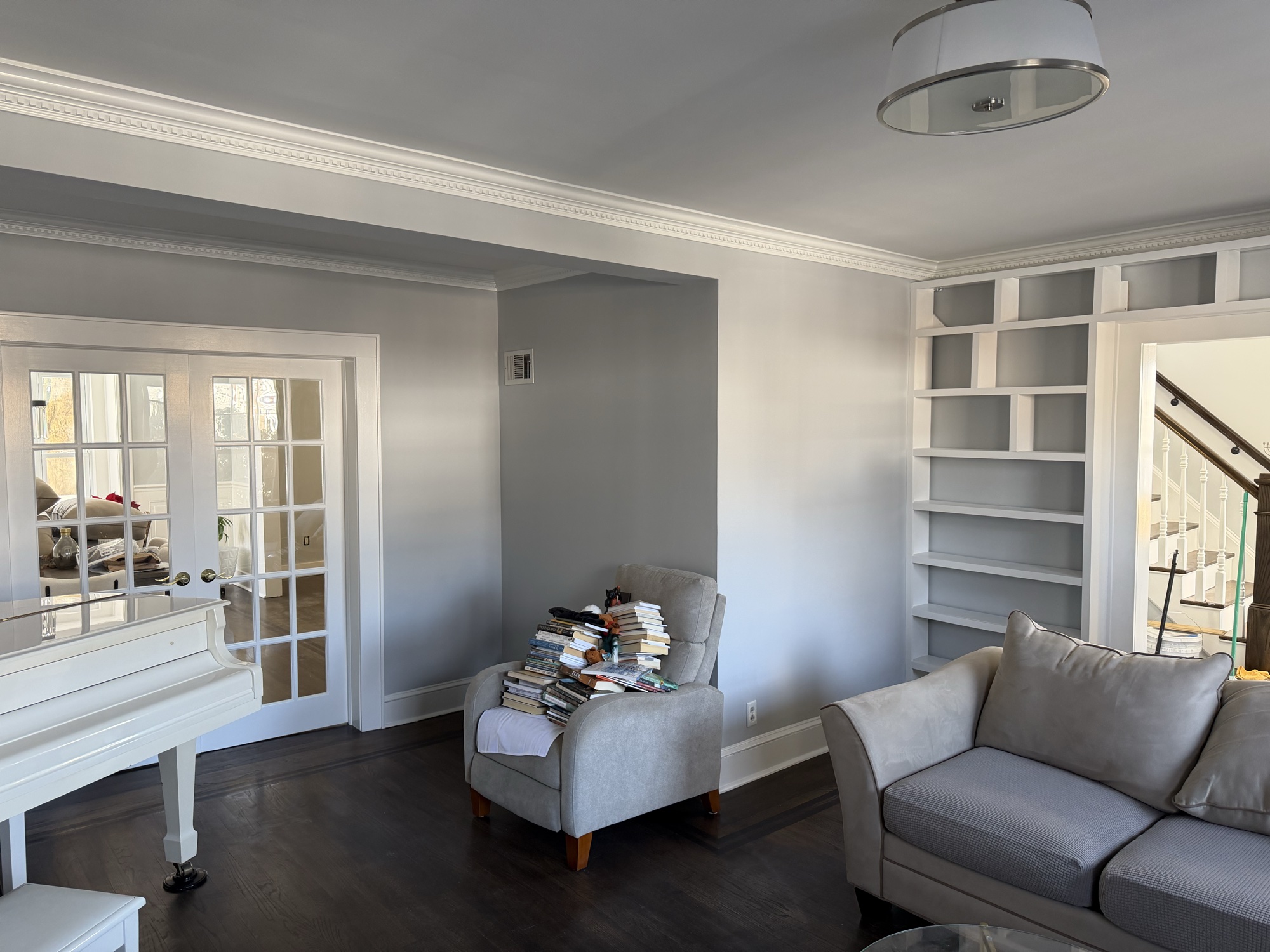 Interior painting by J&B Painting - elegant gray living room with built-ins in Basking Ridge, NJ